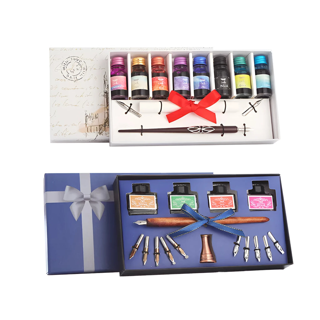 Wooden dip pen calligraphy set with coloured ink bottles in wooden presentation box