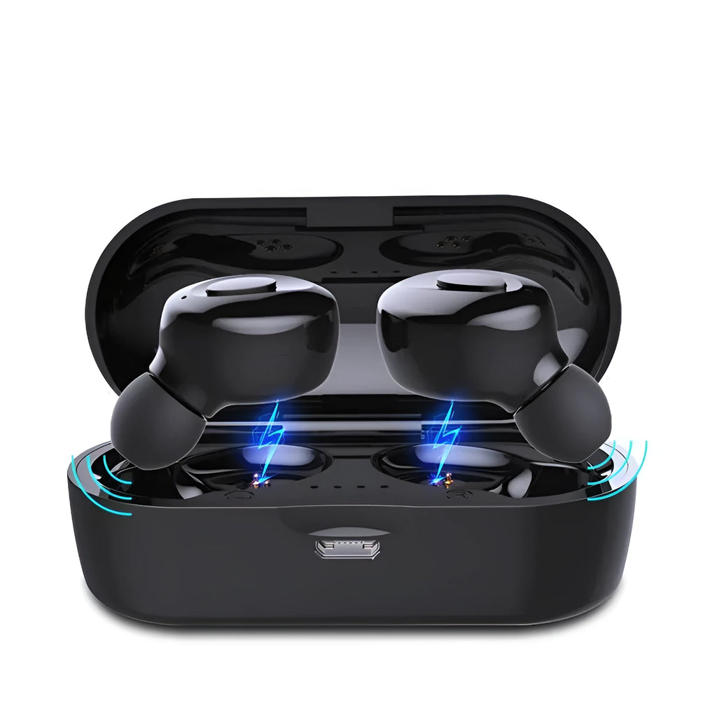 Black wireless sports headphones with Bluetooth 5.0 and earplug design