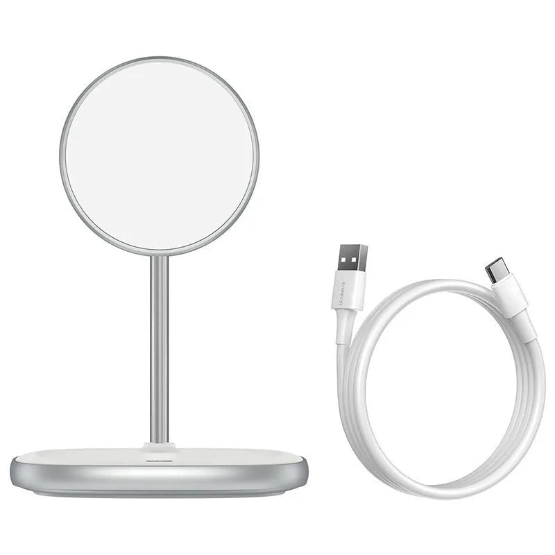 Black magnetic wireless charging stand for iPhone 12 series on desk with Type-C cable