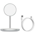 Black magnetic wireless charging stand for iPhone 12 series on desk with Type-C cable