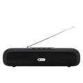 Desktop wireless Bluetooth speaker with long strip subwoofer in black, blue, red, or silver grey.