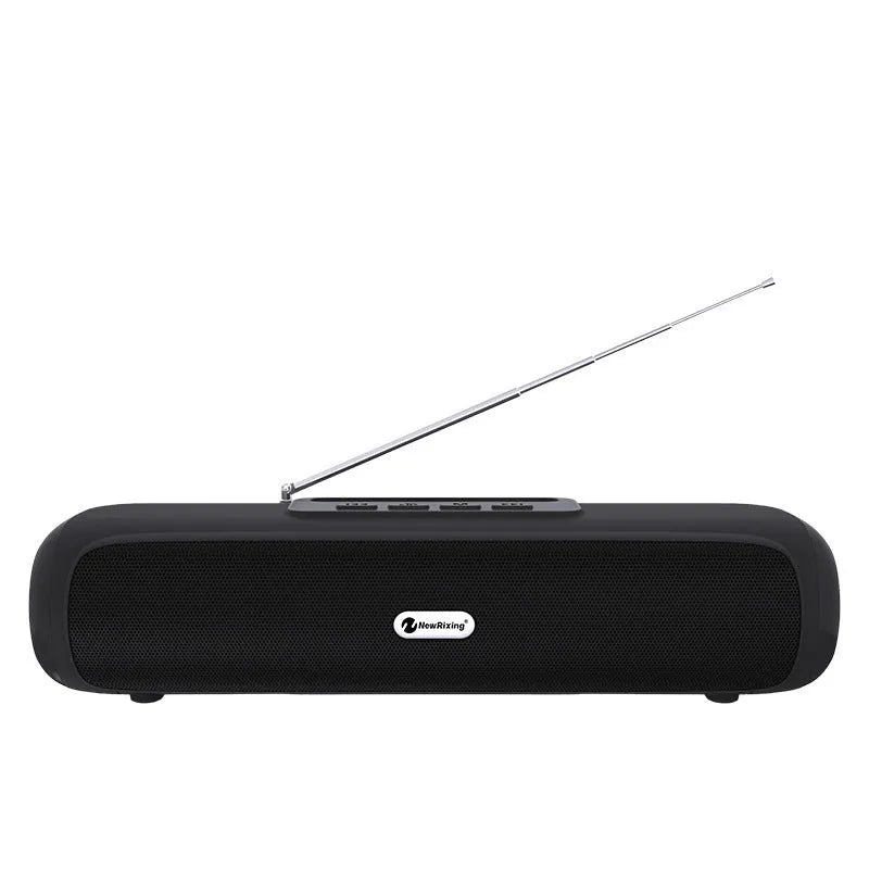 Desktop wireless Bluetooth speaker with long strip subwoofer in black, blue, red, or silver grey.
