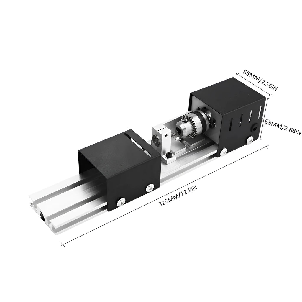 Compact silver metal mini woodworking lathe with tools for manual wood turning, showing scale.