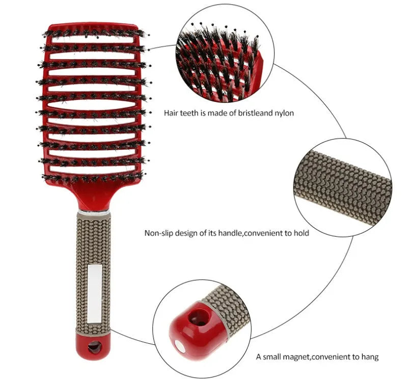 Black bristle and nylon hairbrush with arched comb head and non-slip rubber handle on white background