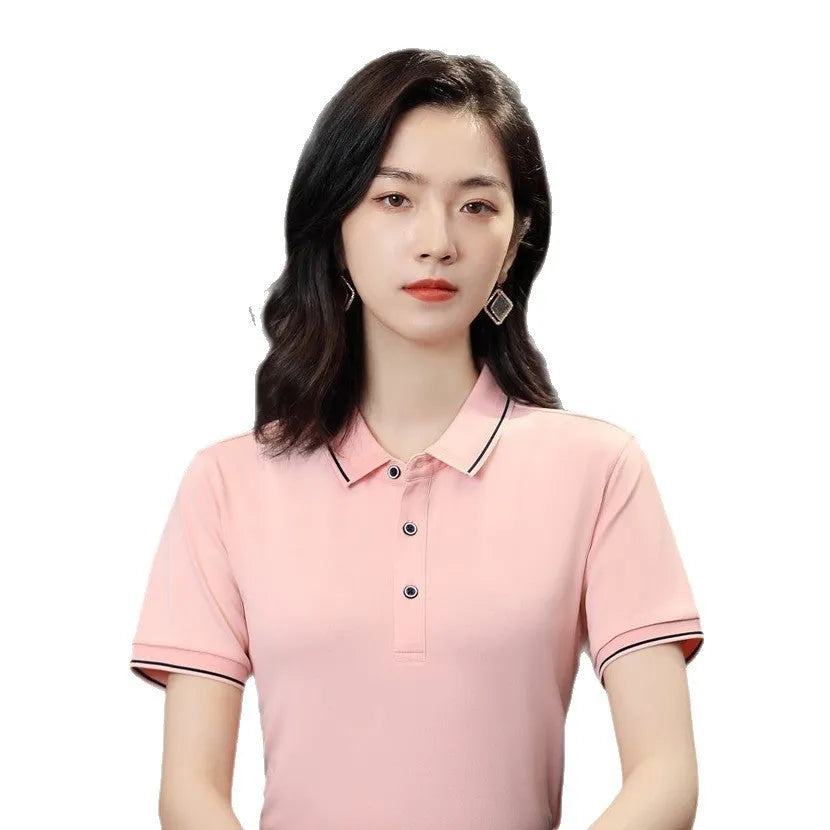 Beautician short-sleeved polo shirt work uniform with asymmetric colour block design in cool silk cotton fabric.