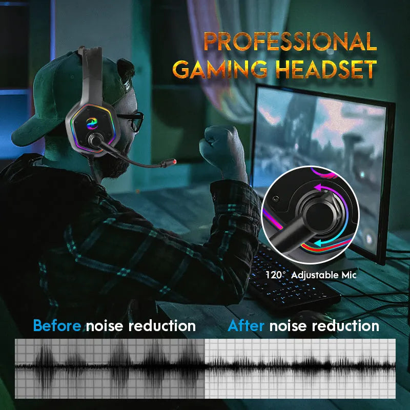 Black gaming headset with 3D surround sound, noise canceling microphone, and colorful LED lights on over ear pads
