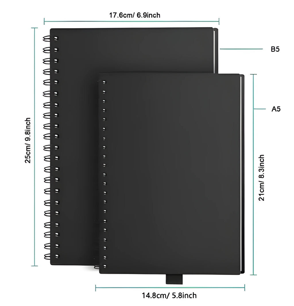 Black rewritable paper notebook open with spiral binding, erasable pen, and B5 size sheets
