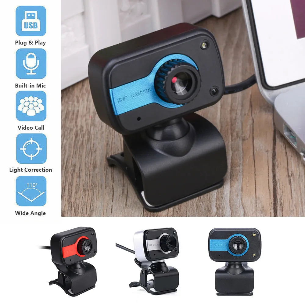Blue mini USB webcam on a stand showing its 360-degree rotating base and focus ring.