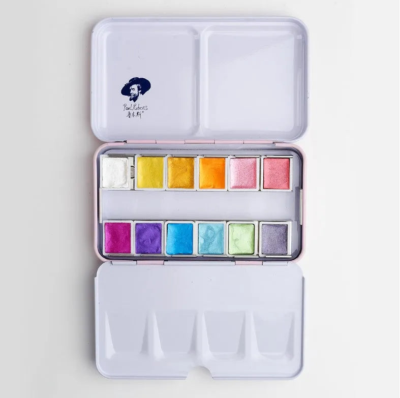Set of solid watercolour paint pans with pearl and pearly colours, showing 12 or 24 colour options.