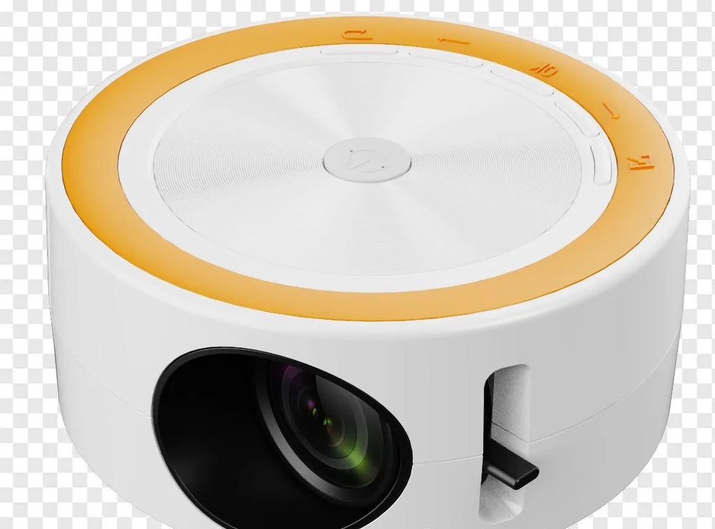 YT200 compact LED projector in black colour with remote control and USB cable