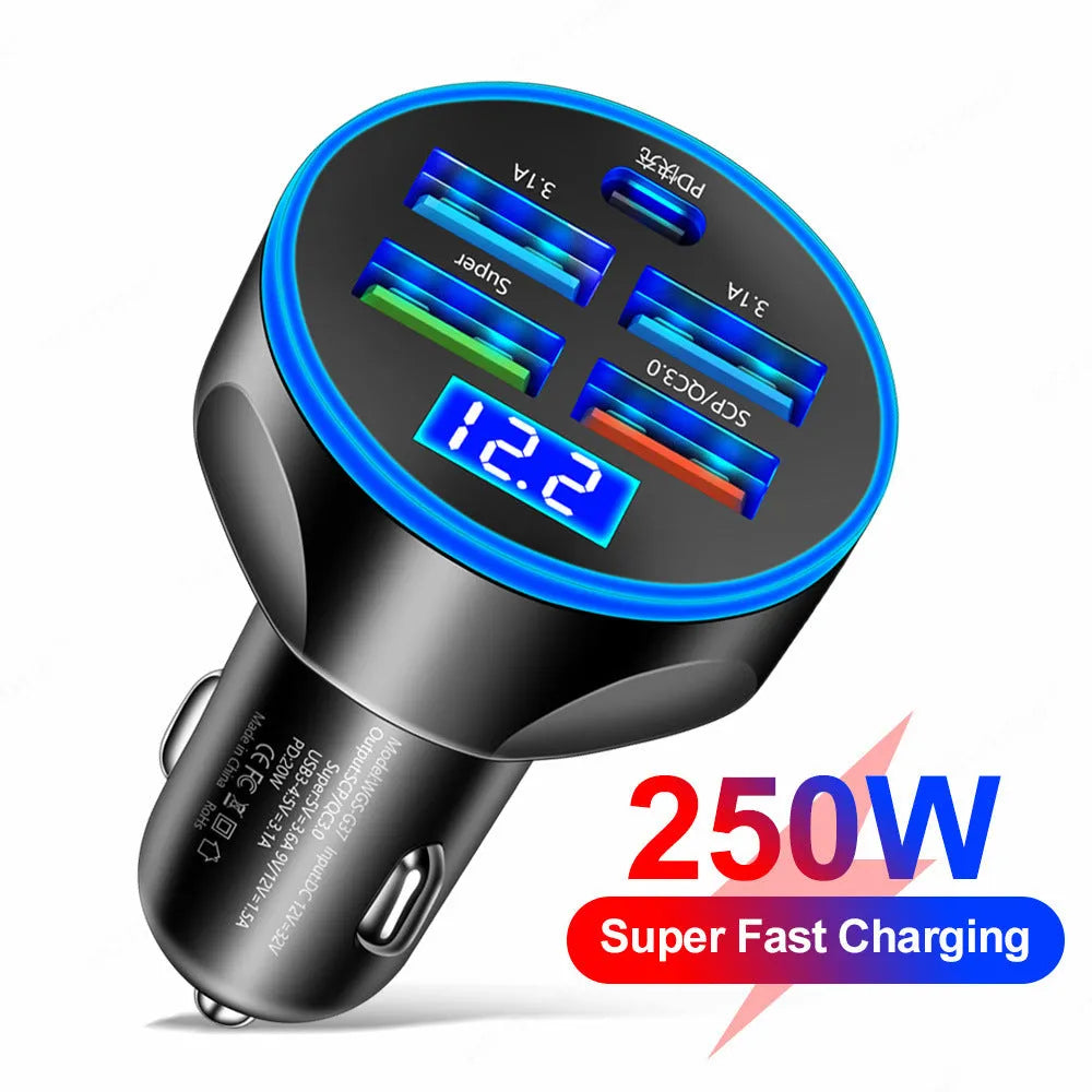 Super fast charge 5-in-1 car charger with digital display, black, USB and PD ports