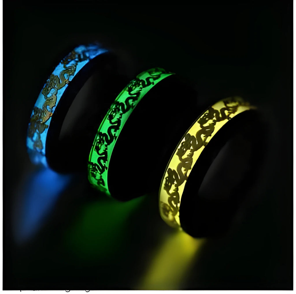 Blue Chinese dragon pattern fluorescent titanium steel ring on white background, epoxy finish, size 10