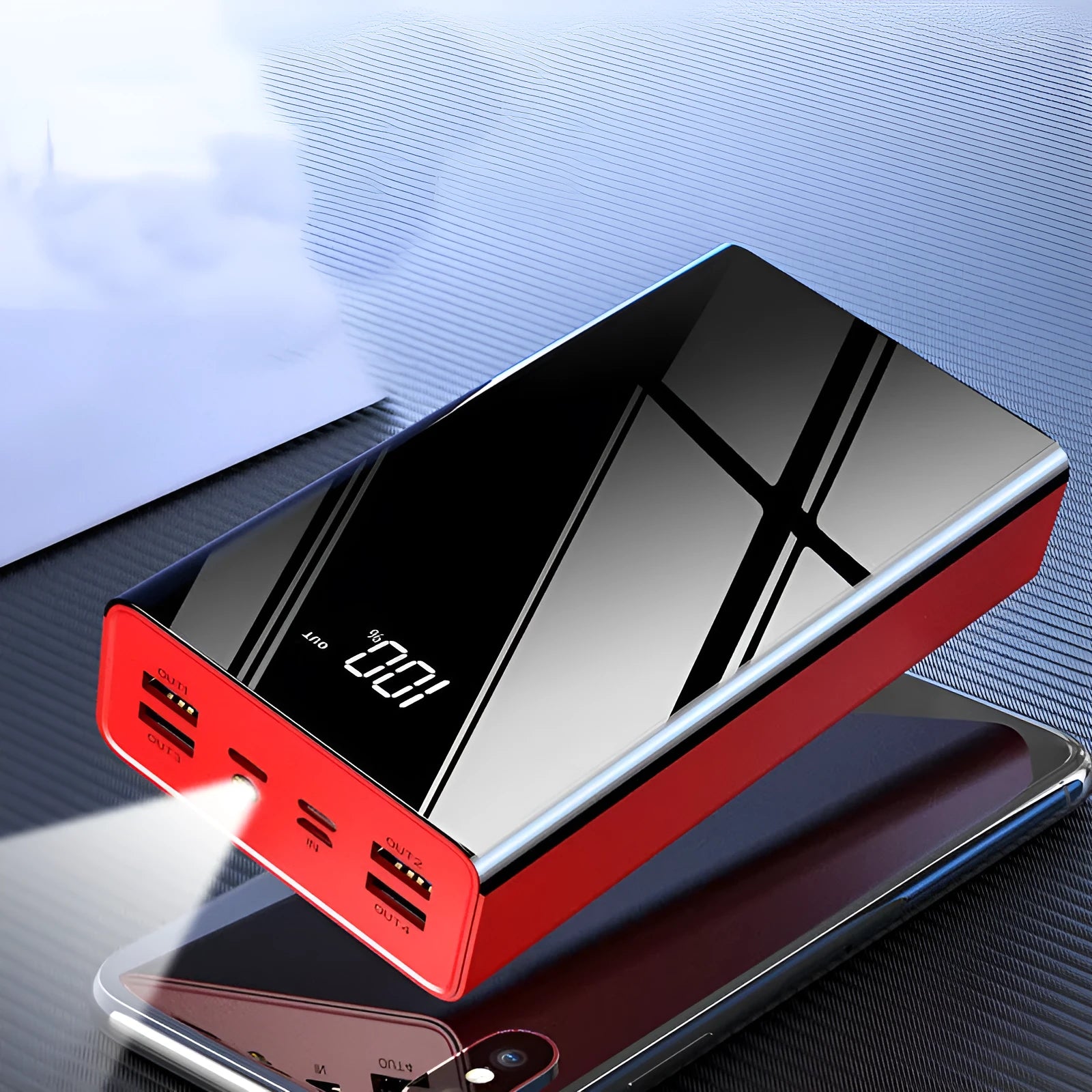 40000mAh power bank with LCD display in red or black colour, dimensions 156x82x41mm