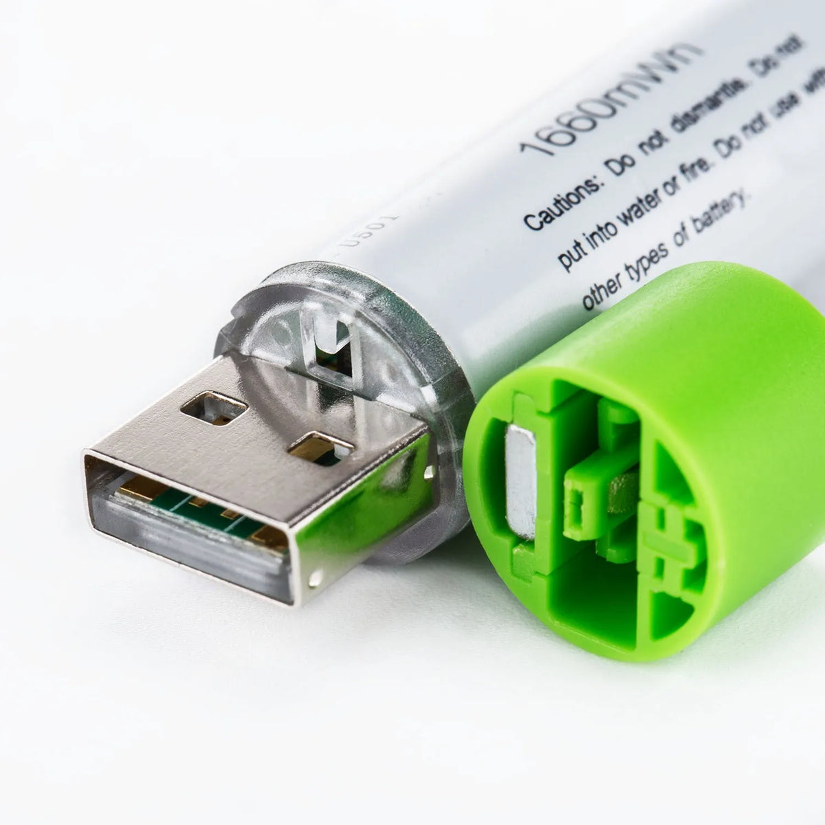 Ces USB fast charge lithium AA battery with silver-green casing, 1.5V constant voltage, 1665mWh capacity, and integrated USB charging port