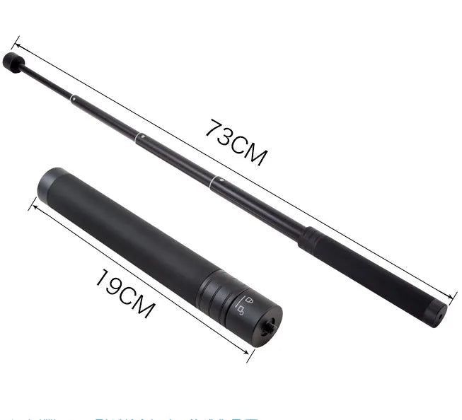 Black retractable aluminium selfie stick with phone clamp, extended to full length.