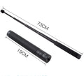 Black retractable aluminium selfie stick with phone clamp, extended to full length.