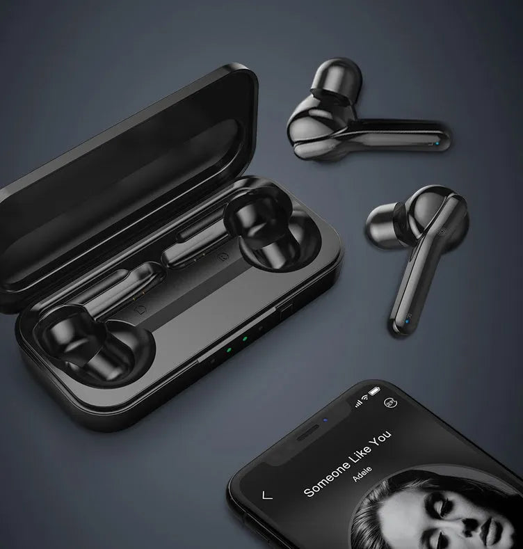 Black and white true wireless Bluetooth earbuds with in-ear design.