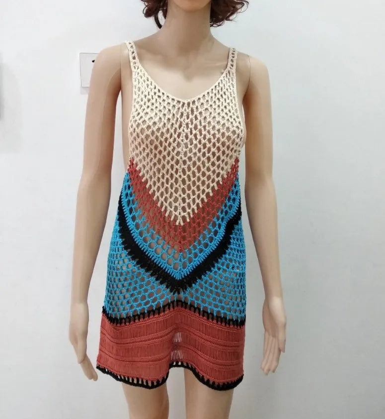 Beige knitted cutout bikini top with polyester fabric, shown on a model at the beach with three size options