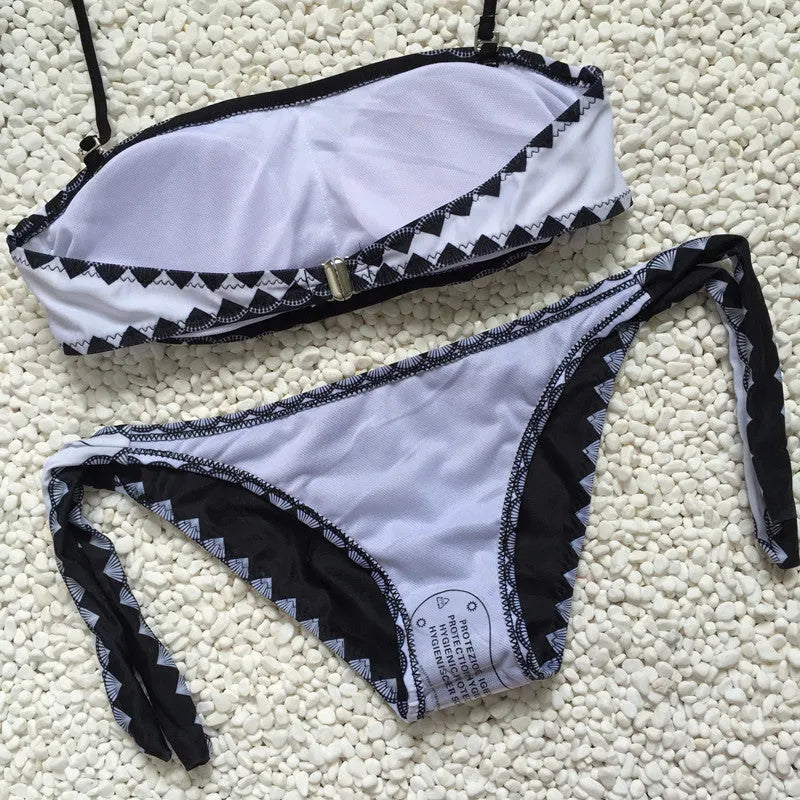 Sexy black strapless bikini set for women with tie side bottom and gathered front top