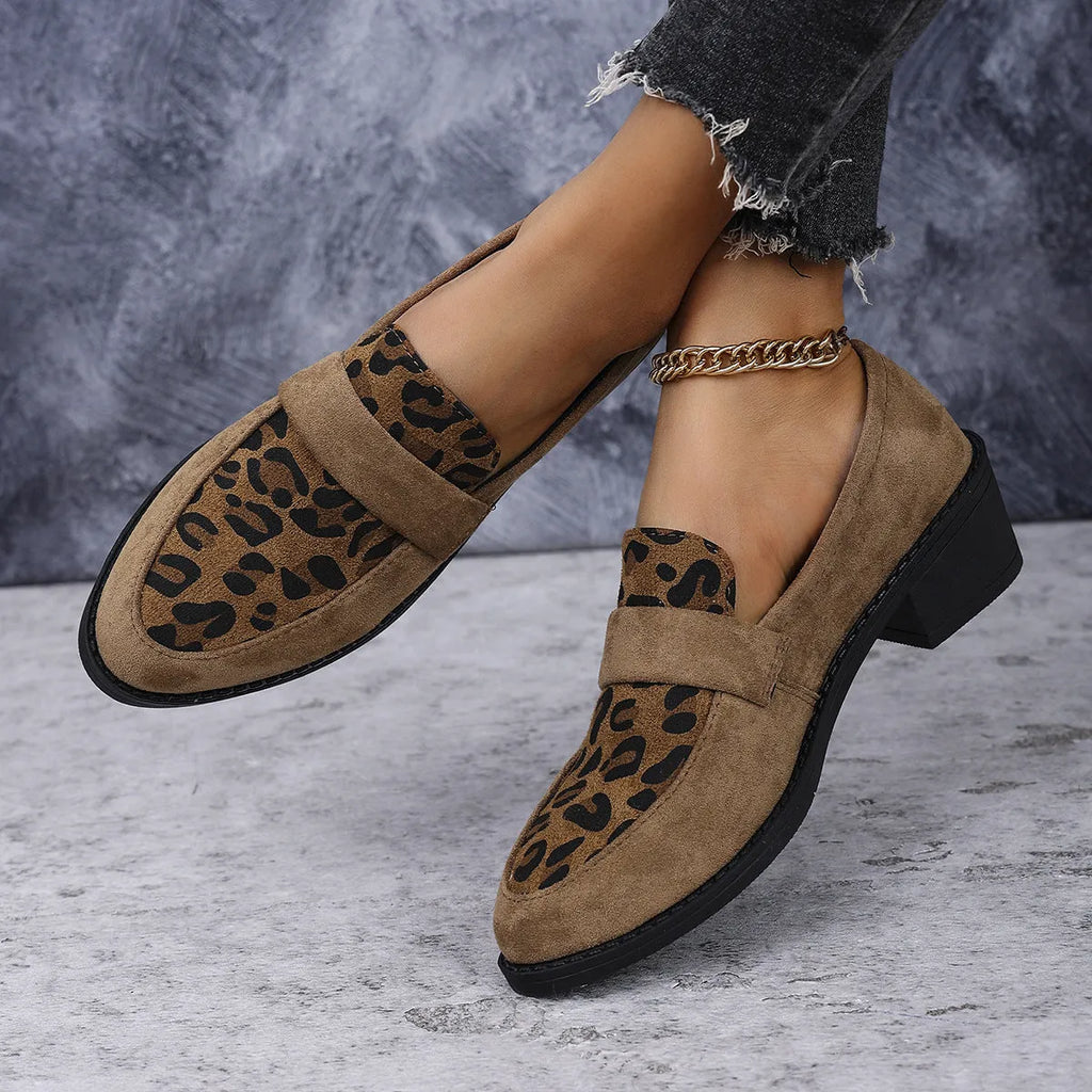 Leopard print suede slip-on shoe with chunky mid heel and pointed toe in pink colour