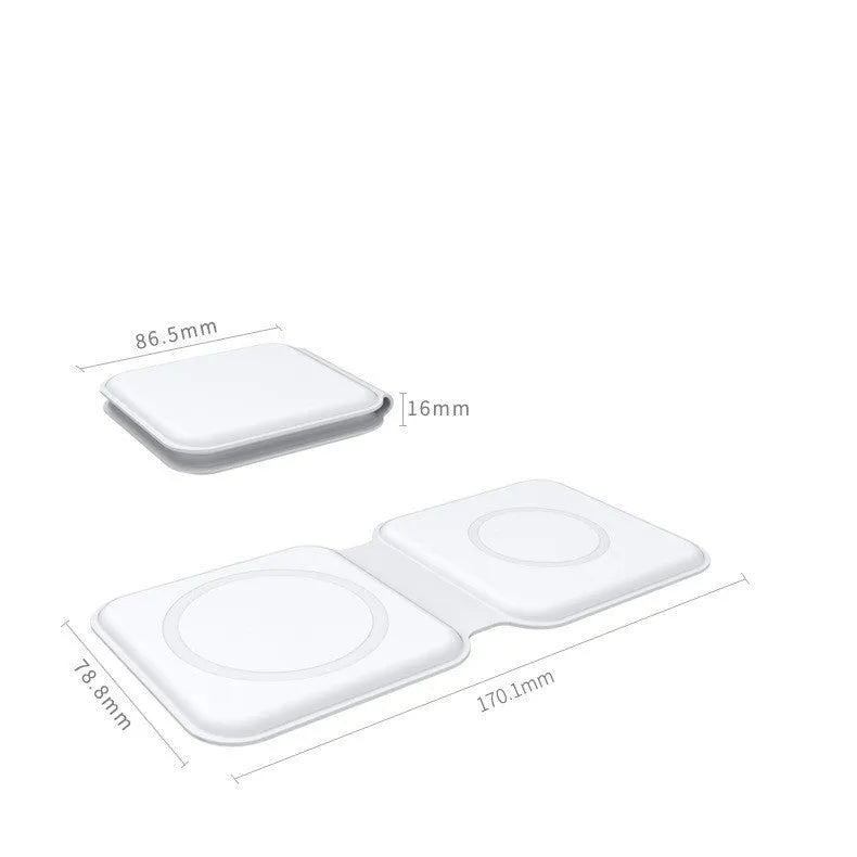 White foldable magnetic wireless charging dock showing dual charging areas and USB Type-C port.