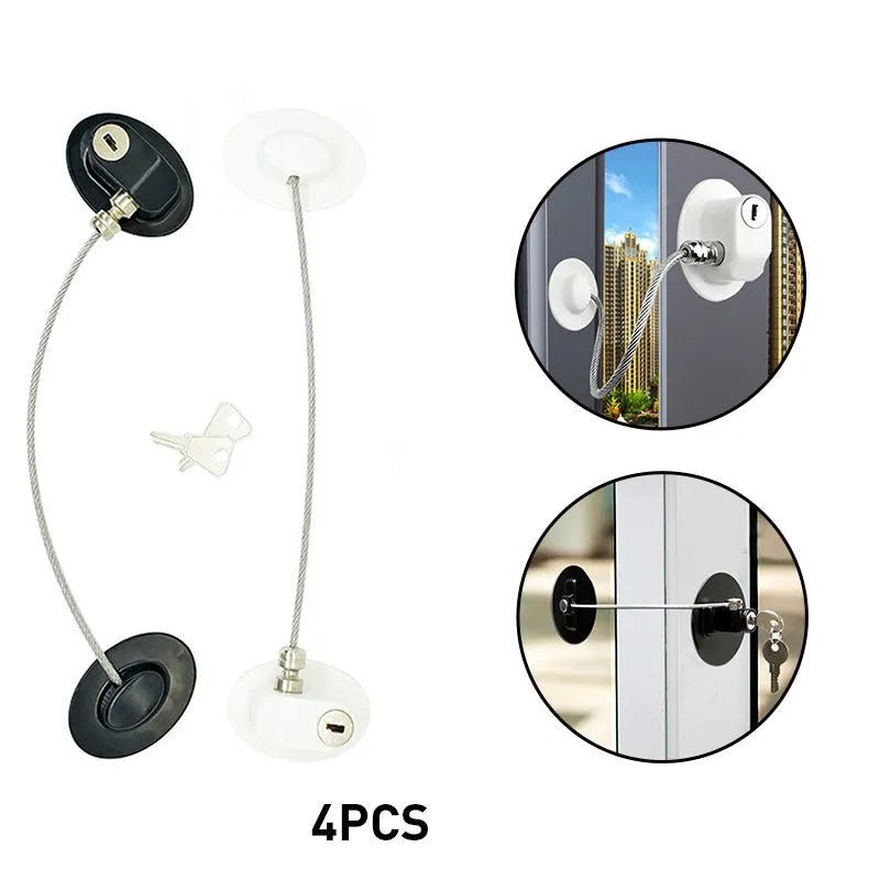 White window security chain lock with 18cm steel cable and locking head on a window frame