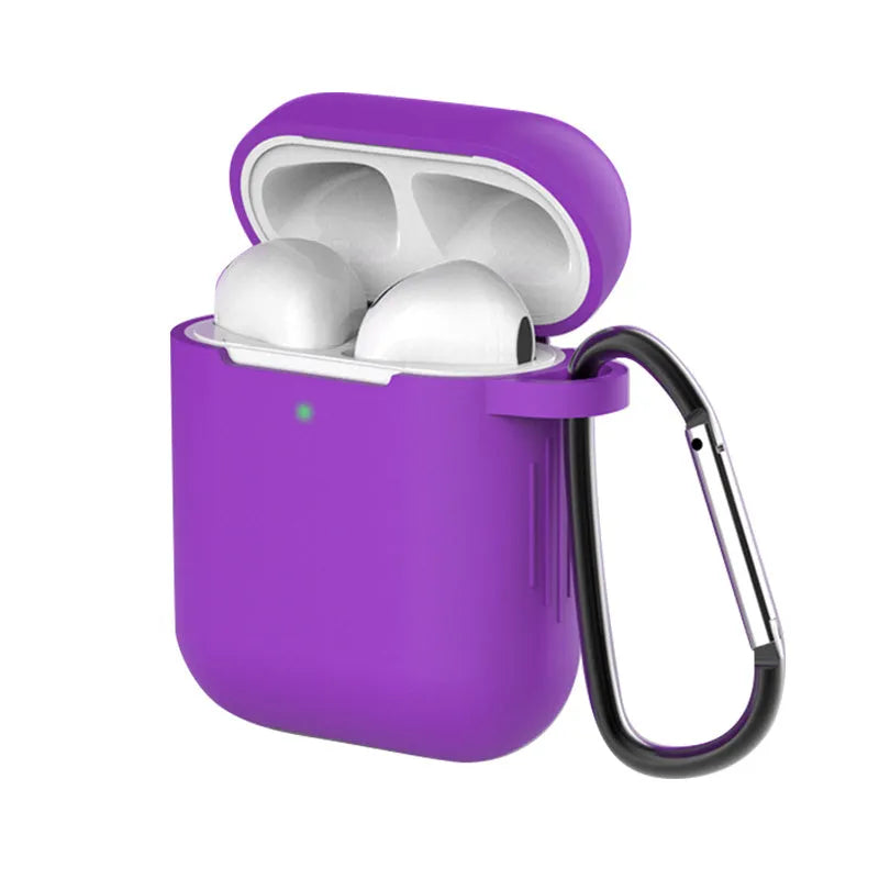 Liquid silicone clam-shell cover for Apple AirPods 1st and 2nd generation charging case.