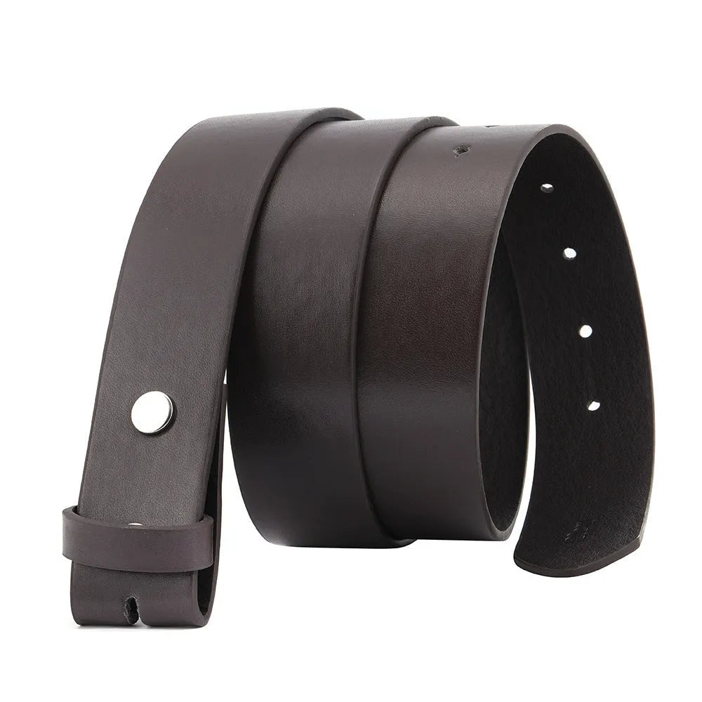 Fashion buttonless head eyelet men's belt in Black PU leather with patent leather treatment, shown flat on surface