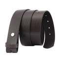 Fashion buttonless head eyelet men's belt in Black PU leather with patent leather treatment, shown flat on surface