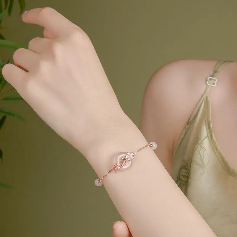 S925 sterling silver new Chinese style bracelet with floral design, white chalcedony crystals and koi details
