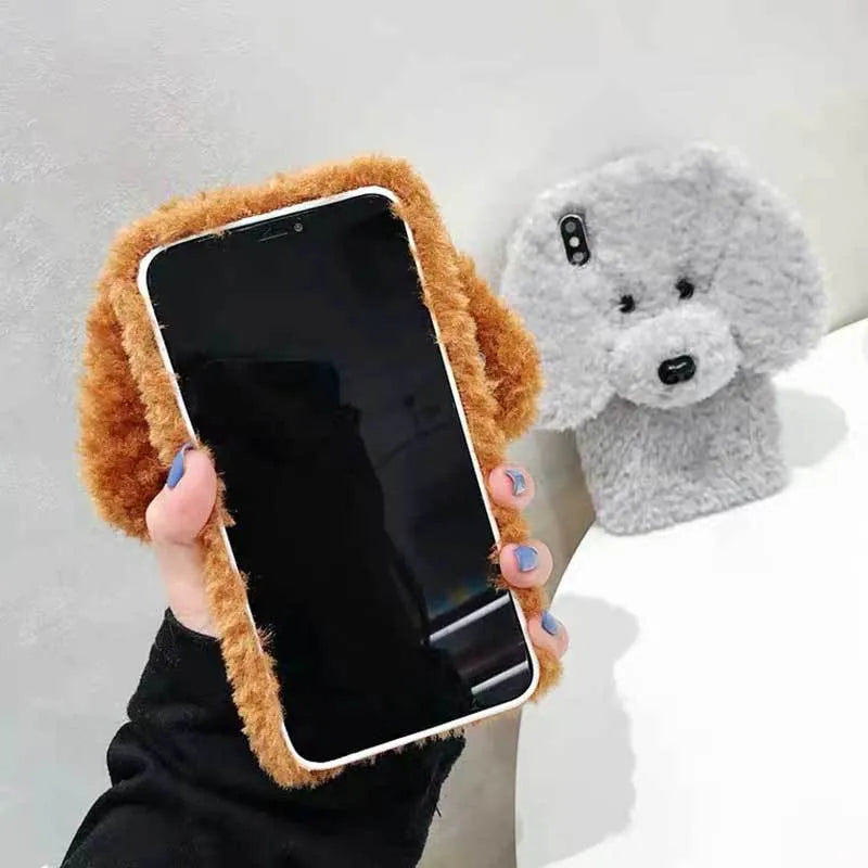 Plush teddy pet dog soft phone case for iPhone in brown colour