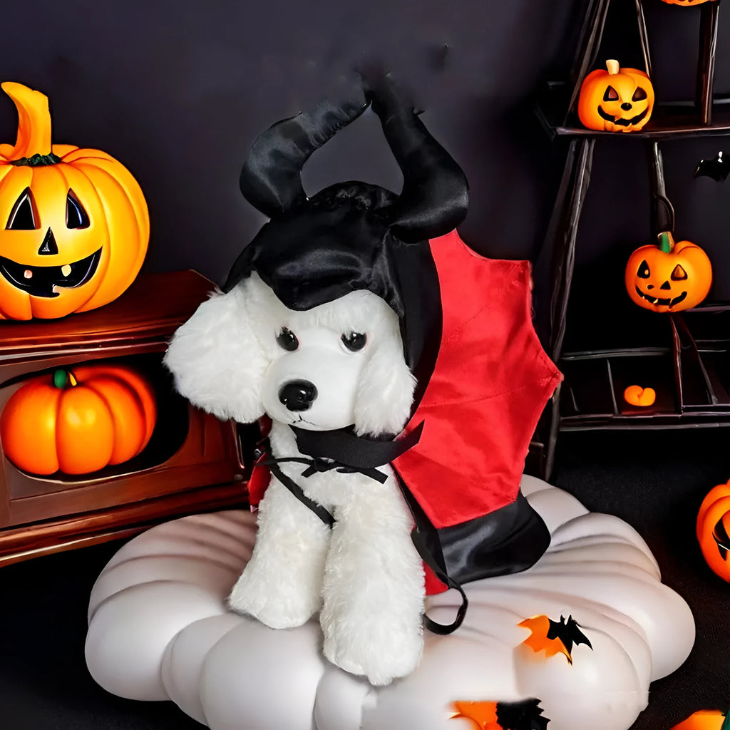 Halloween pet bat cloak costume with matching pointed devil hat in red or purple colour