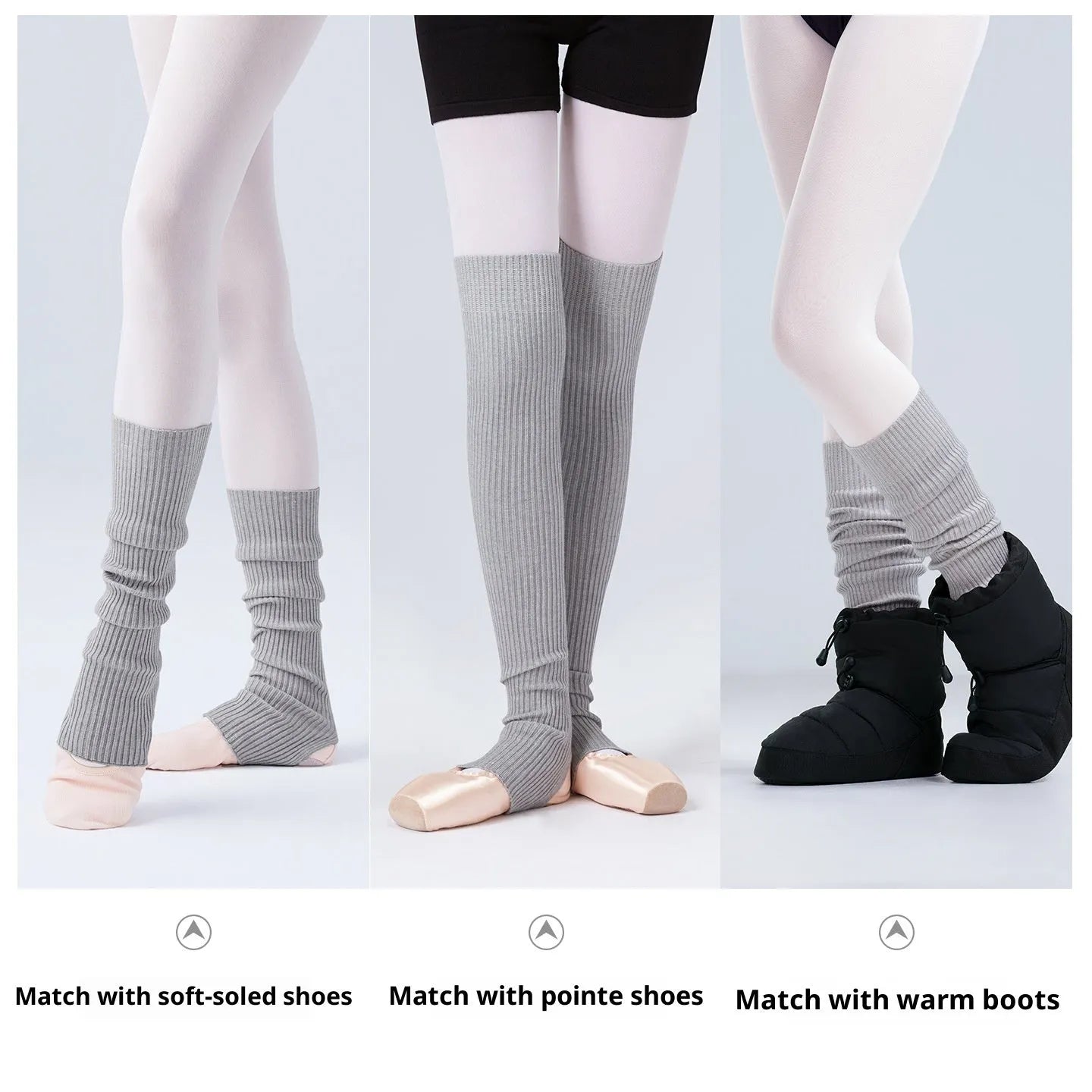 Solid colour viscose over-the-knee leg warmers in gray, pink, and black short and long lengths