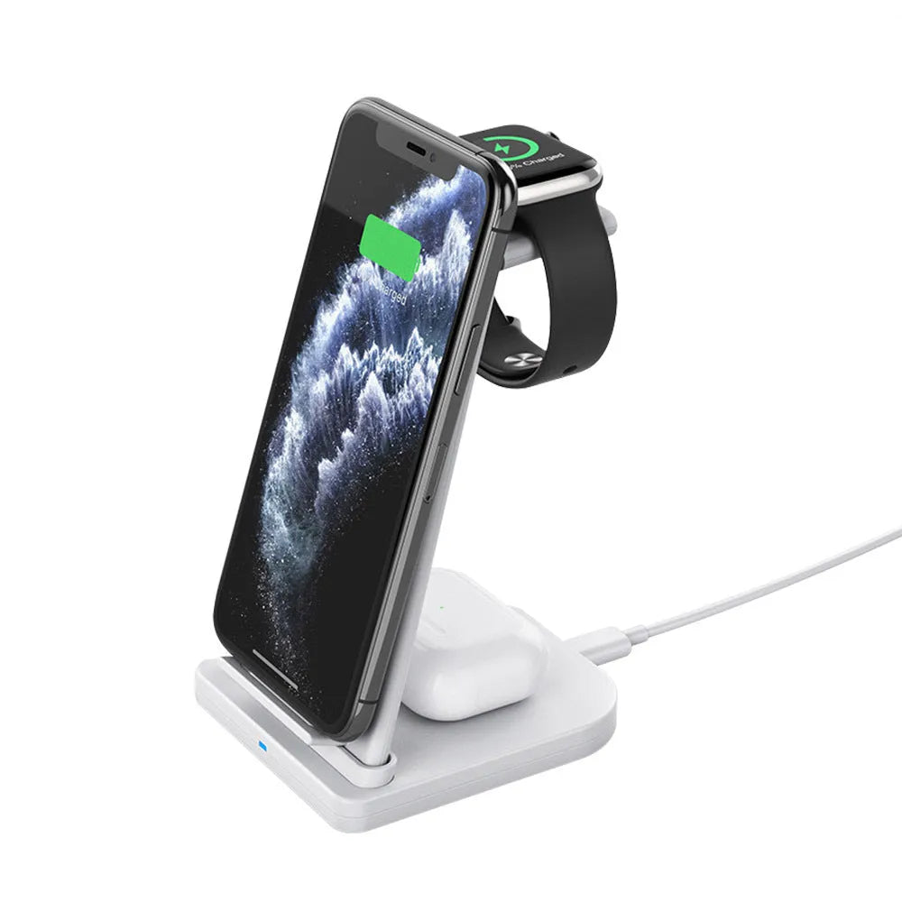 Black foldable three-in-one wireless charger for mobile phone, watch, and headphones with USB cable