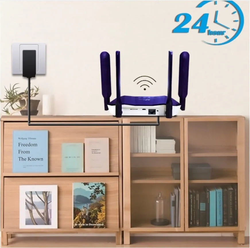 Blue 4G all netcom dual-mode wireless wired router with four extended antennas.