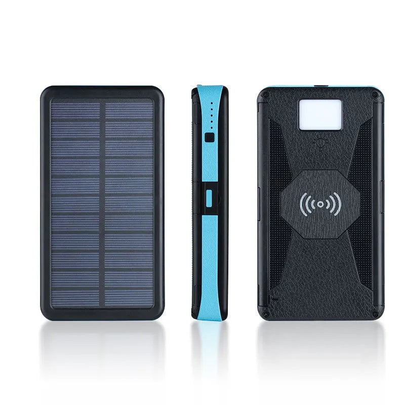 20000mAh magnetic solar power bank in black with IPX5 waterproof rating, showing solar panel and LED light