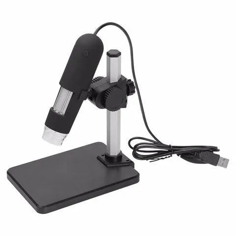 USB microscope camera with 8 white-light LEDs and manual focus ring, black casing, on white background