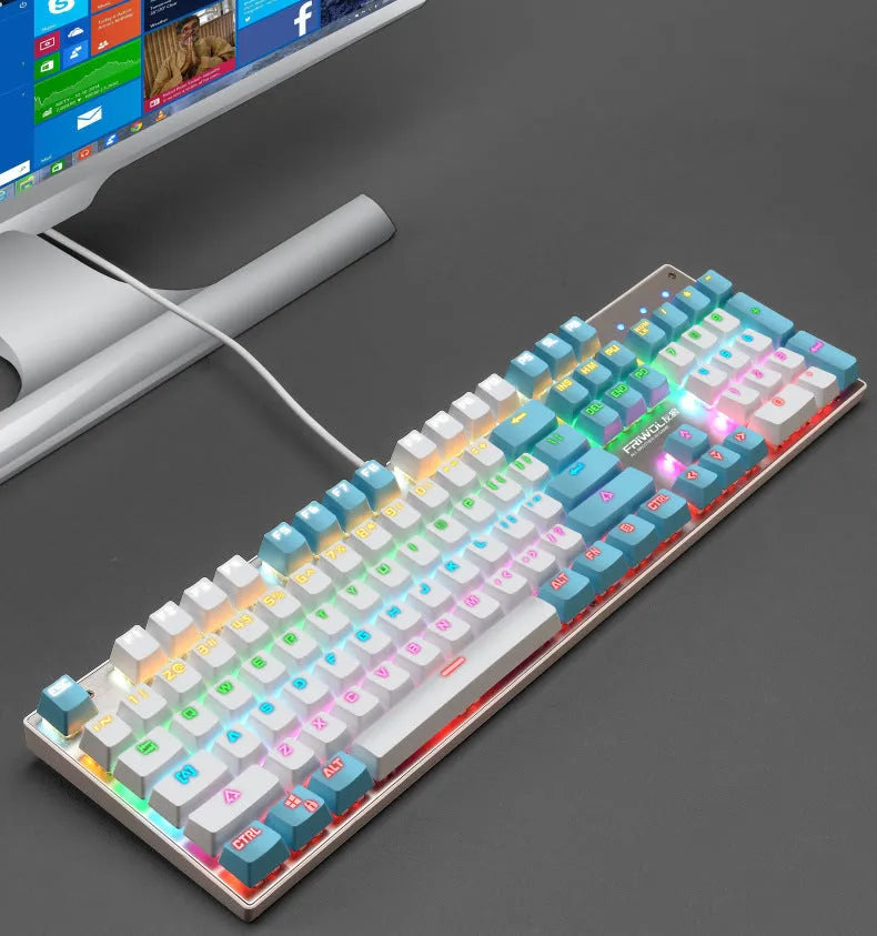 Mechanical waterproof gaming keyboard with 104 keys USB wired in black blue pink colours