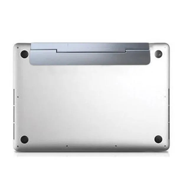 Folding notebook cooling bracket in black on a desk showing raised position for laptop heat dissipation