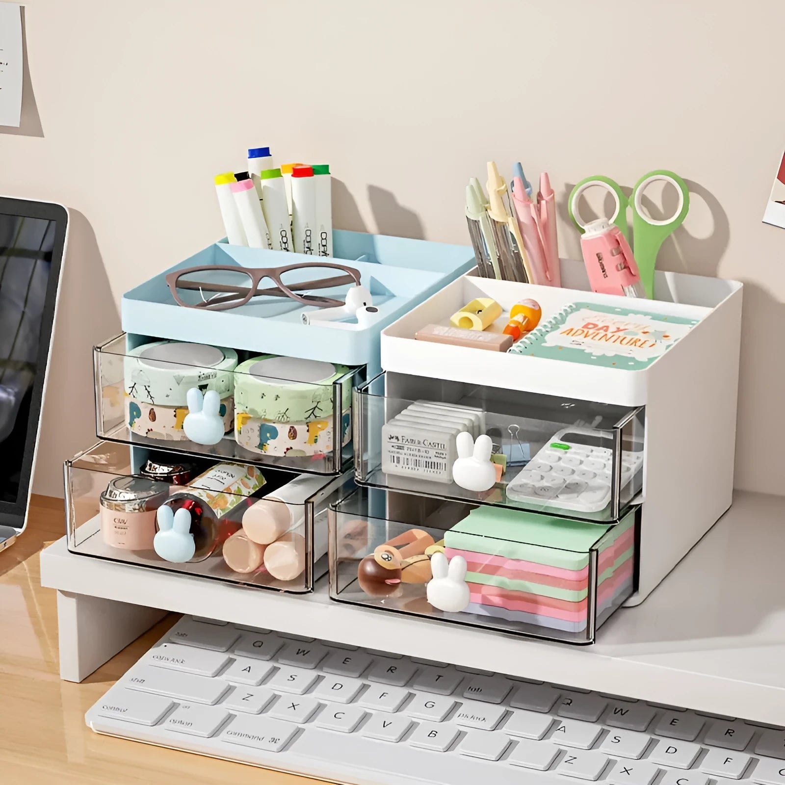 Transparent partitioned desktop storage box with drawer and internal grids in cherry blossom pink colour