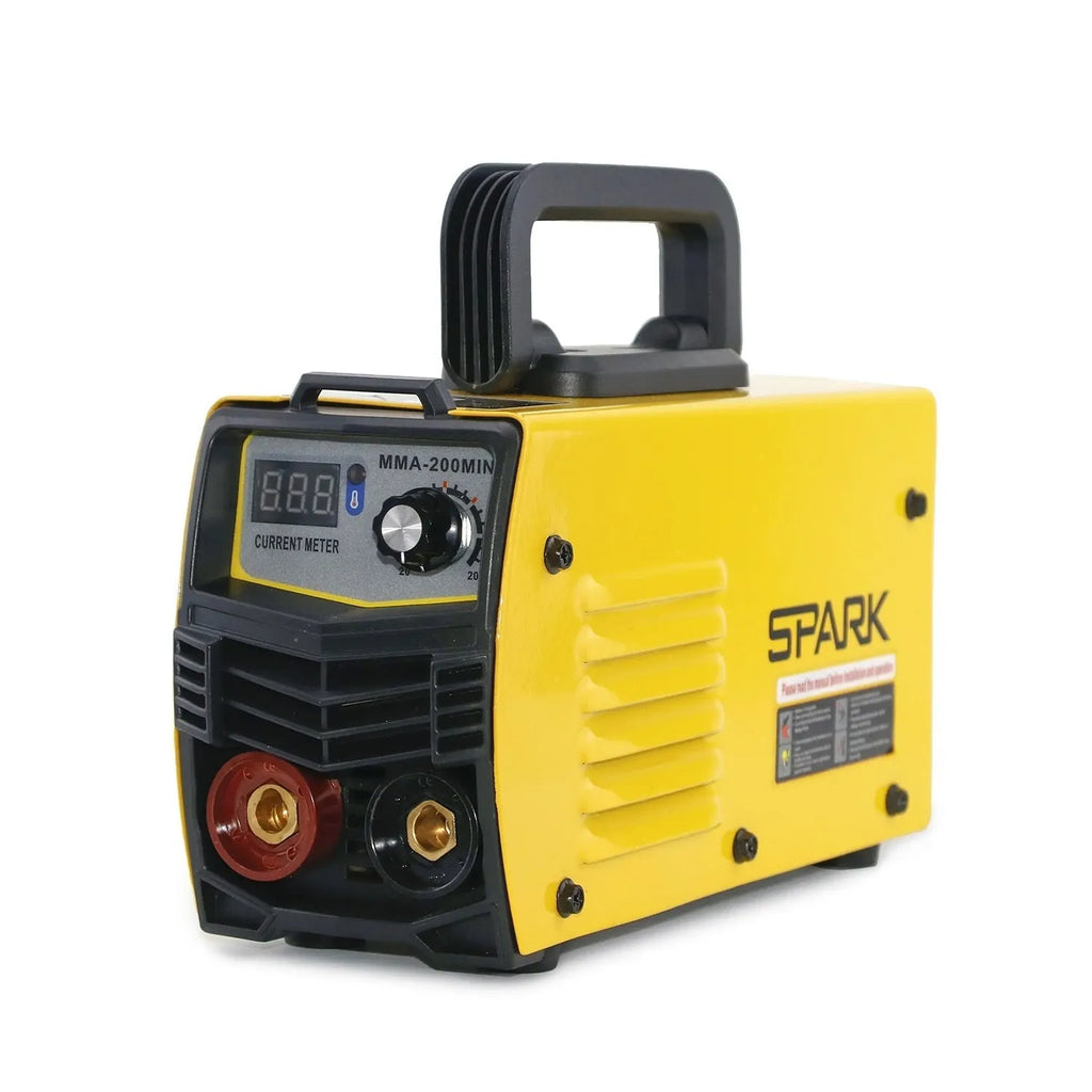 MMA-200MIN 220V inverter DC welding machine with welding tongs, clamps, and face shield on a workbench.
