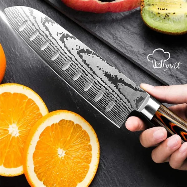 6-piece 7CR17 stainless steel knife set with wooden handles and laser Damascus pattern on silver blades