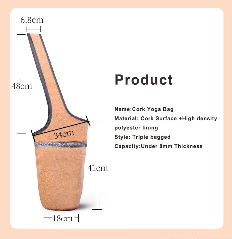 Cork yoga backpack with bohemian style, wide shoulder straps, and multiple pockets for mat, water bottle, and accessories.