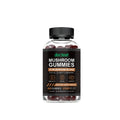 Container of 60 mushroom supplement gummies in chewable soft candy format with PET packaging