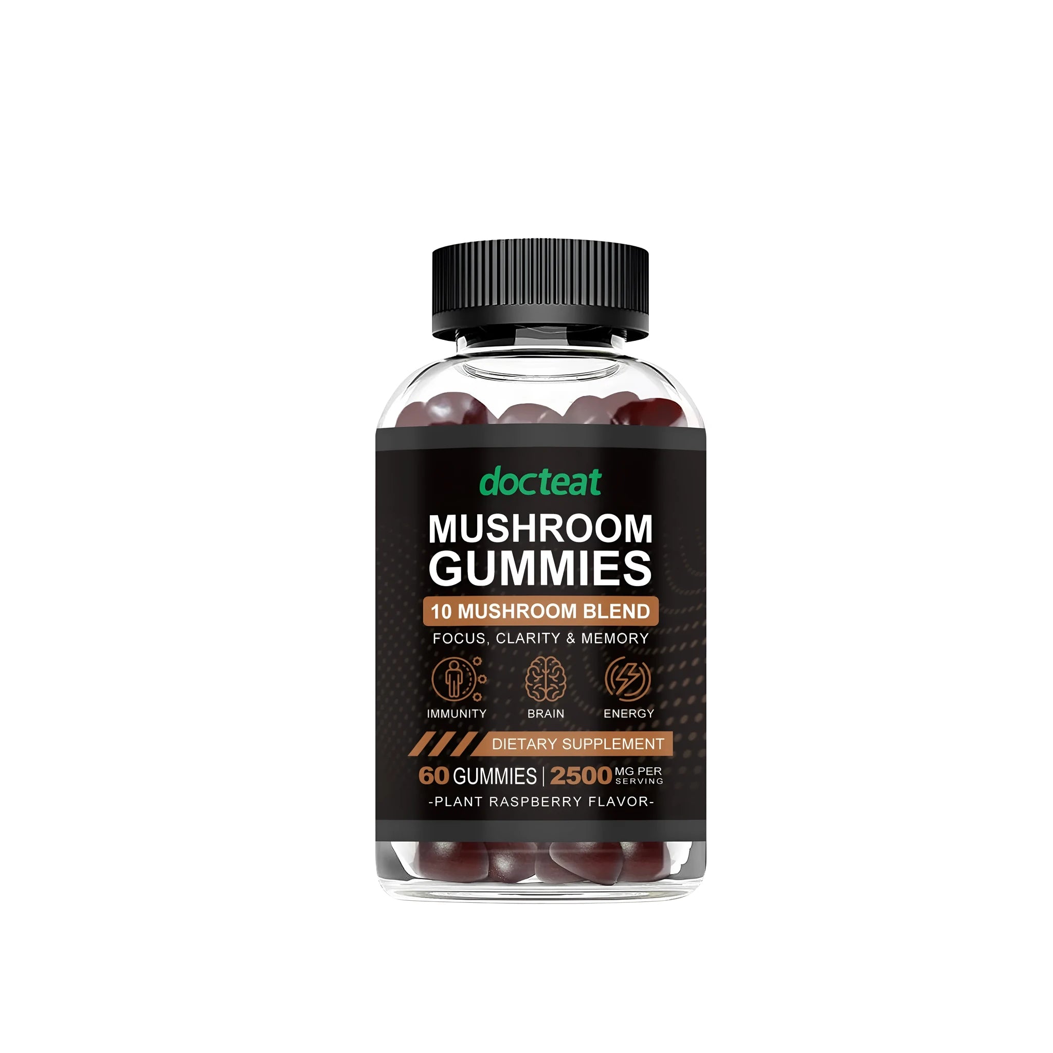 Container of 60 mushroom supplement gummies in chewable soft candy format with PET packaging