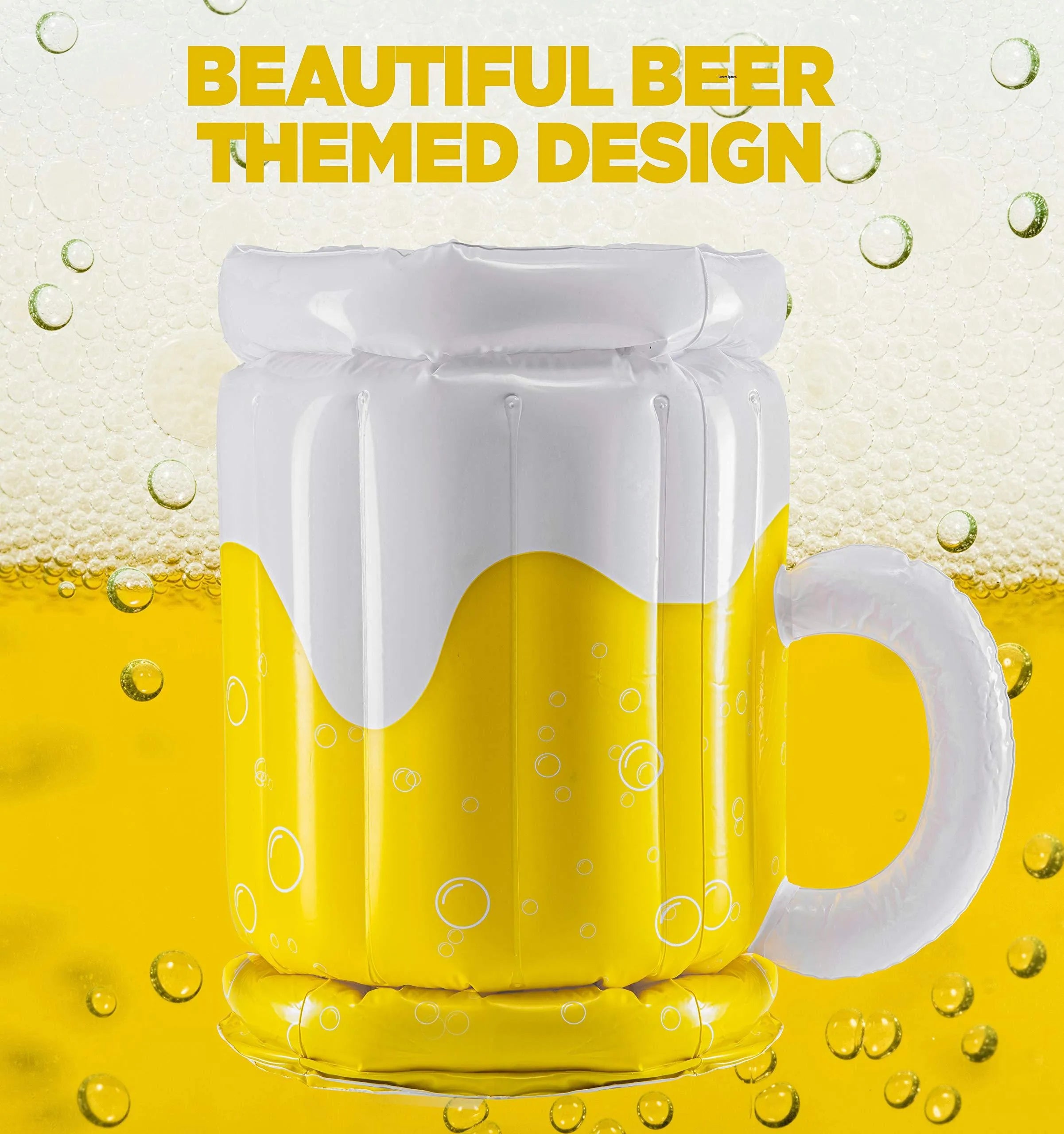Yellow inflatable beer mug cooler floating in pool with drinks inside