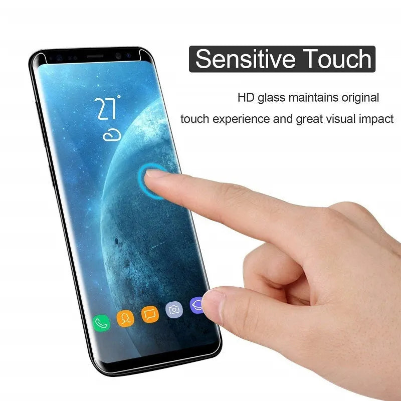 Tempered glass screen protector for Samsung Galaxy smartphones with anti-fingerprint coating.