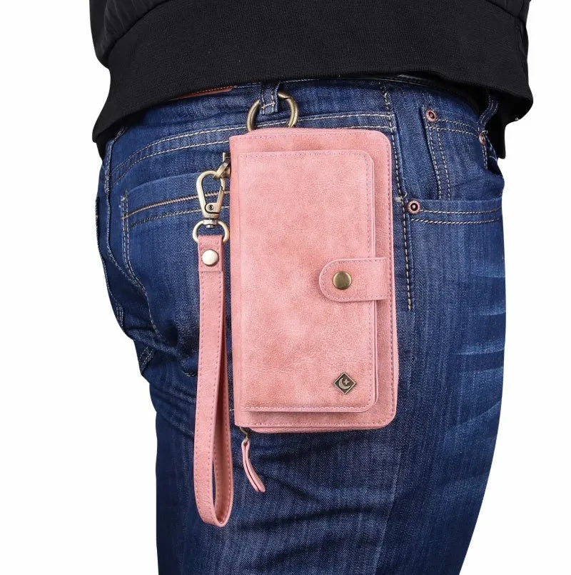 PU leather mobile phone wallet case with zip closure in black, brown, red, and pink colours