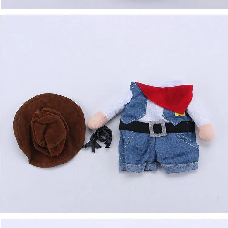 Dark blue pet denim cowboy costume with jacket and hat for cats and dogs, sizes S to XL.