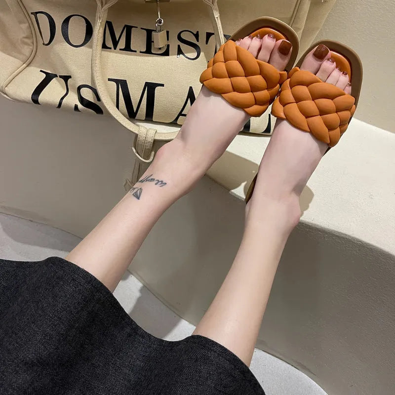 Women's PVC plaid beach sandals with a thick non-slip sole in black, green, orange, and white colour options.